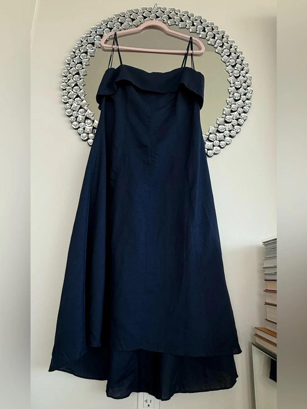 Linen Navy Spaghetti-Strap Midi Dress
